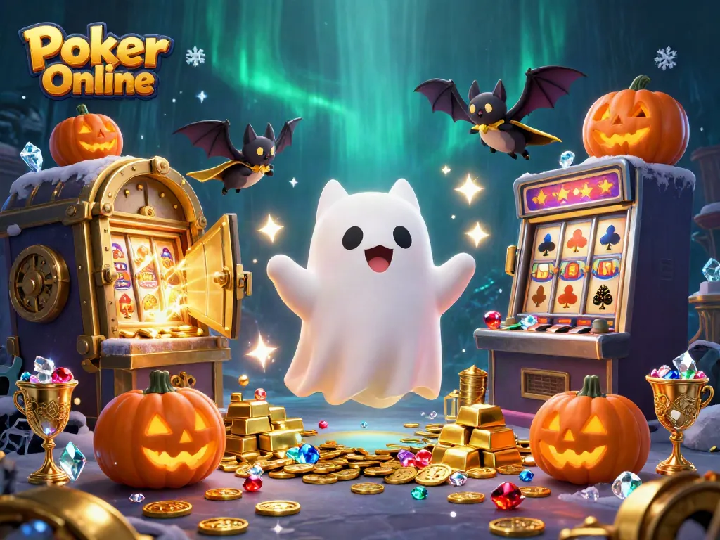 Experience Poker Online thrills with a friendly ghost cat and treasures in a haunted casino scene.