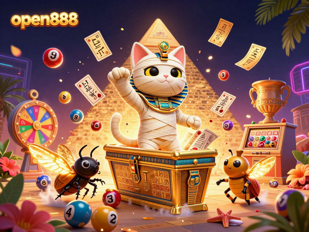 Engage with open888 in a vibrant 3D casino illustration featuring a mummy cat and dynamic game elements.