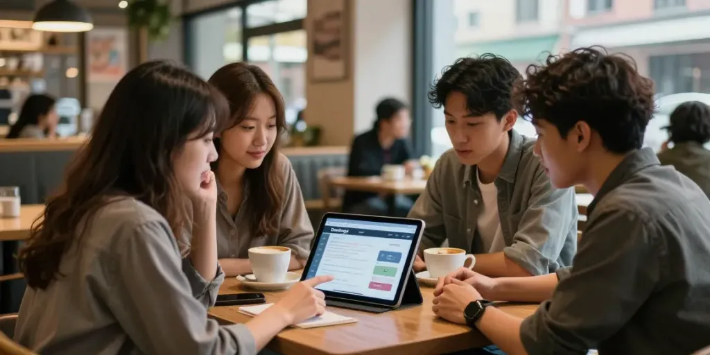 Teman-teman berdiskusi tentang Dewitogel di kafe dengan suasana hangat.