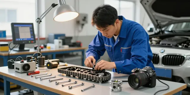 BMW Steuerkette wechseln in einer professionellen Werkstatt mit Mechaniker und Werkzeugen.