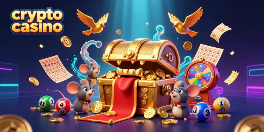 Engage in thrilling adventures at a crypto casino filled with lively elements like Bitcoin coins and dynamic games.