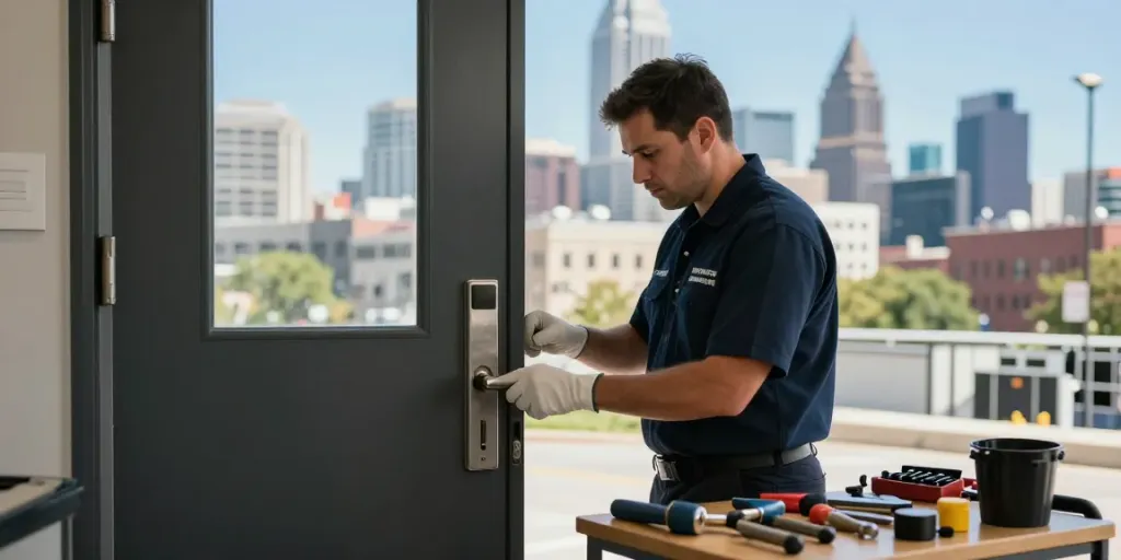 Locksmith in Philadelphia working on a high-security lock, ensuring safety and service.