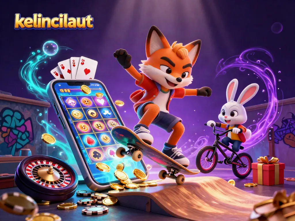 Kelincilaut showcases an exciting gambling scene with a skateboarder fox and BMX rabbit amidst colorful casino elements.