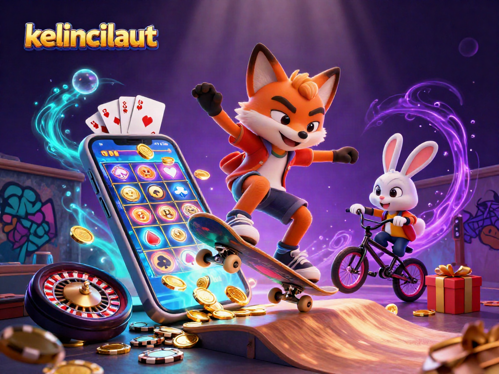 Kelincilaut showcases an exciting gambling scene with a skateboarder fox and BMX rabbit amidst colorful casino elements.