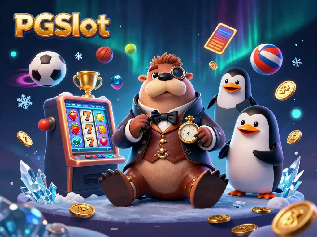 Engaging scene of PGSlot with a walrus in a Victorian outfit at an underwater slot machine.