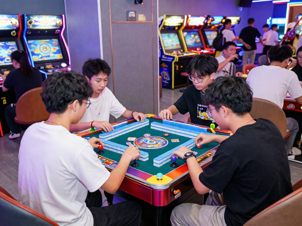 Exciting arcade gaming moment featuring MAHJONGJP88, players engaged at digital Mahjong table.