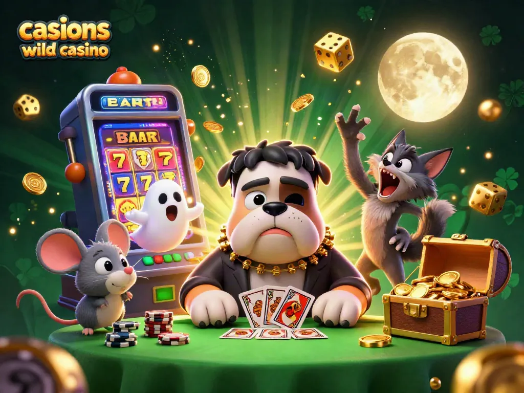 Casinos like Wild Casino feature a lively 3D scene with a bulldog dealer, ghost mouse, and werewolf kitten thriving in a vibrant casino atmosphere.