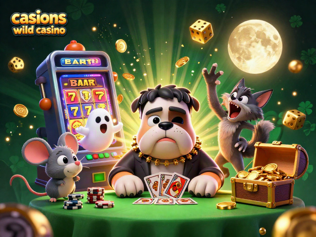 Casinos like Wild Casino feature a lively 3D scene with a bulldog dealer, ghost mouse, and werewolf kitten thriving in a vibrant casino atmosphere.