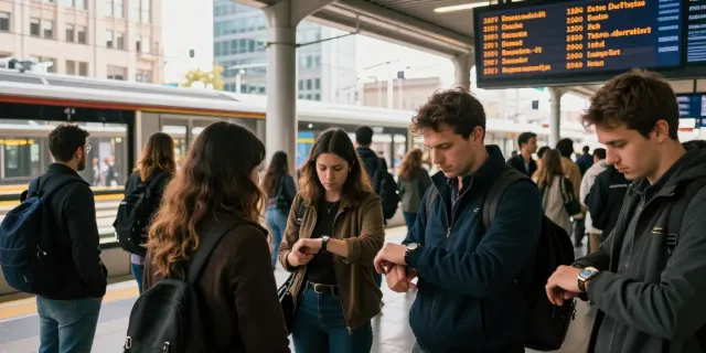 Commuters at station experiencing transport delays while checking notifications and schedules in a bustling urban environment.