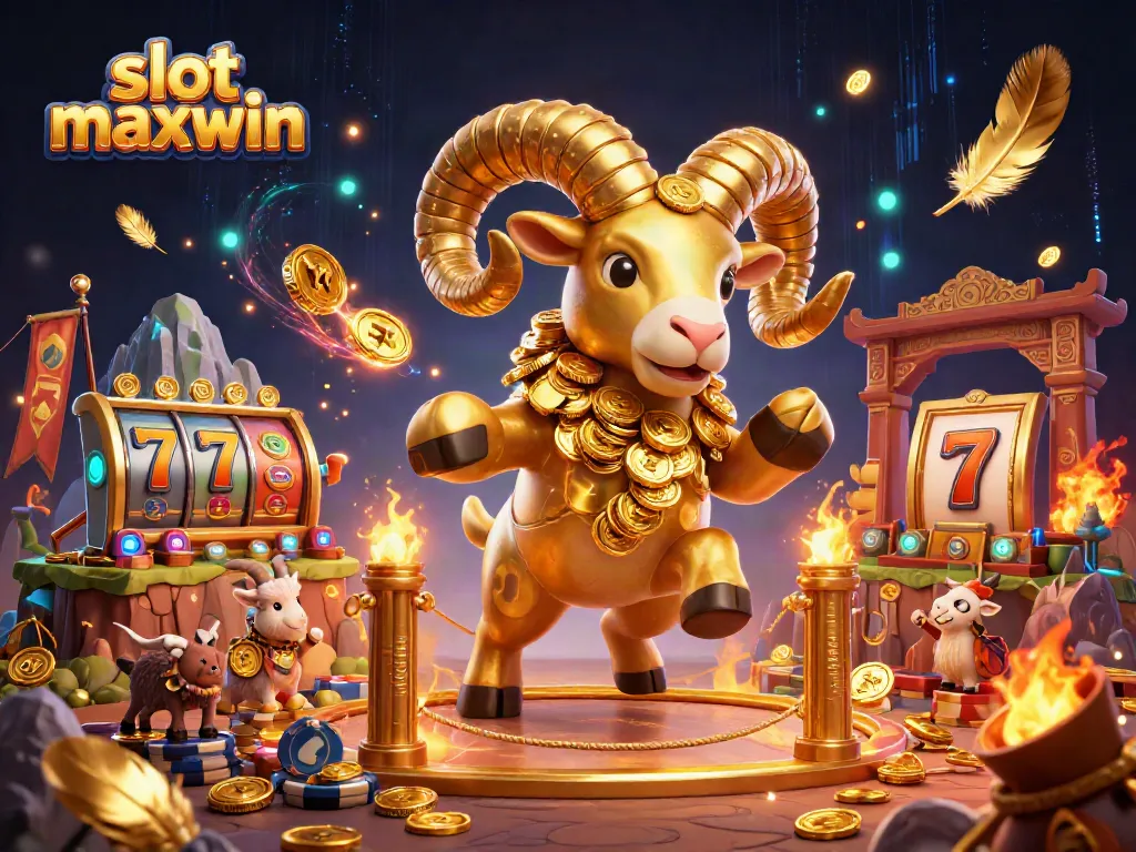 Engage with slot maxwin action in this vibrant 3D scene featuring a golden ram charging through a casino atmosphere.