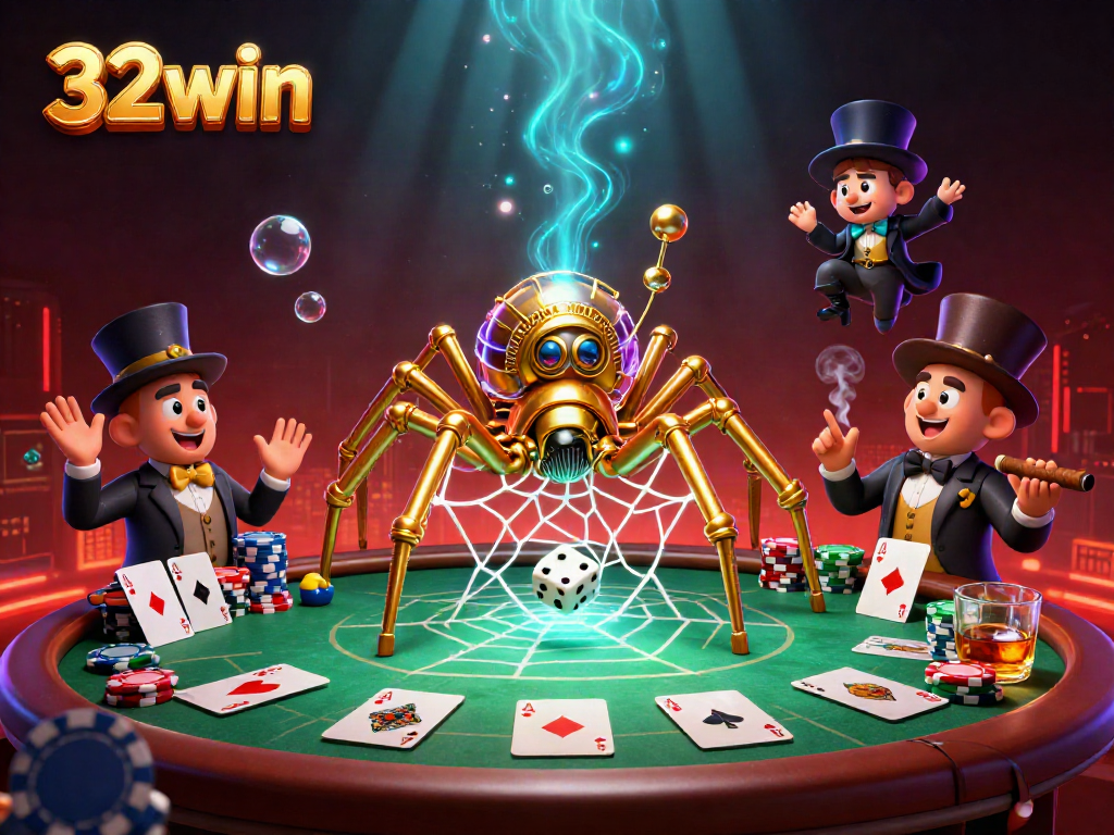 Experience the thrill of 32win with vibrant visuals of steampunk elements and dynamic casino scenes.