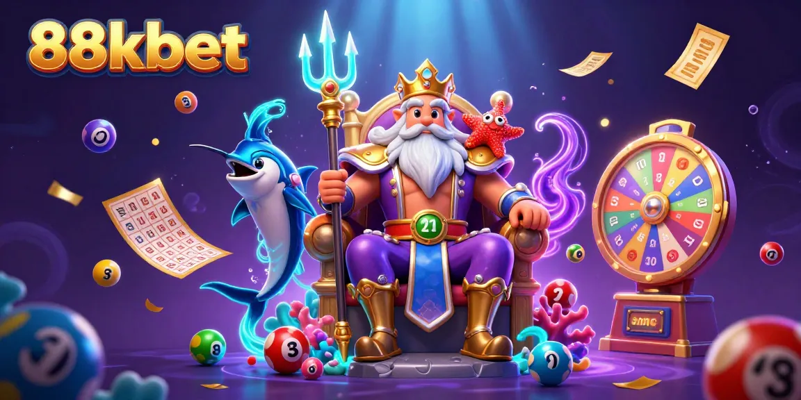 Experience the excitement of 88kbet with a vivid 3D illustration of Neptune and vibrant casino elements.