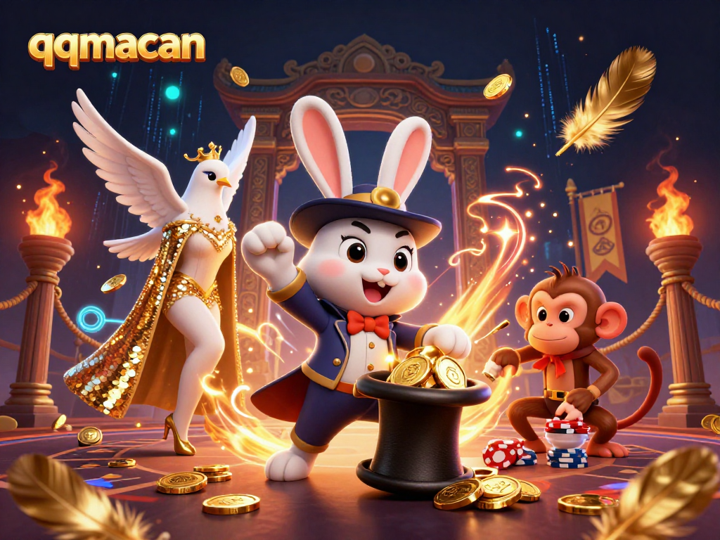 Experience the magic of qqmacan as a 3D magician rabbit conjures coins in a vibrant casino scene.