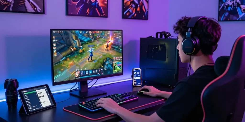 Gamer terlibat dalam pengalaman ratutogel dengan perangkat permainan dan latar belakang digital yang cerah.