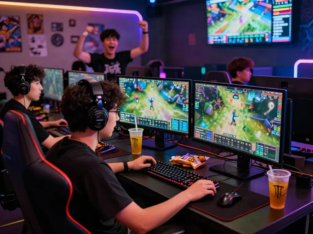 Penggemar banteng88 di arena esports yang penuh warna dengan monitor ganda dan suasana kompetitif.