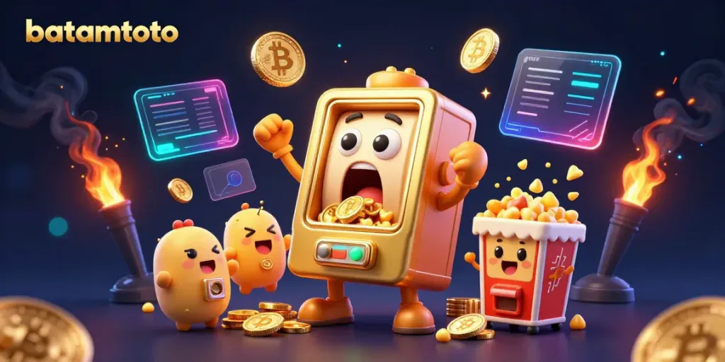 Experience the batamtoto jackpot with a golden slot machine and cheering mini machines in a vibrant 3D scene.