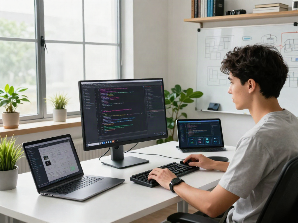 Coding scene with a software developer at a modern desk showcasing cocoflix on a high-resolution monitor, emphasizing technology and productivity.