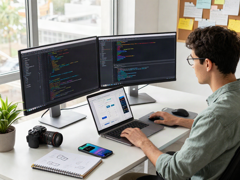 Developer programming with pikashow apk interface on dual screens in a bright workspace