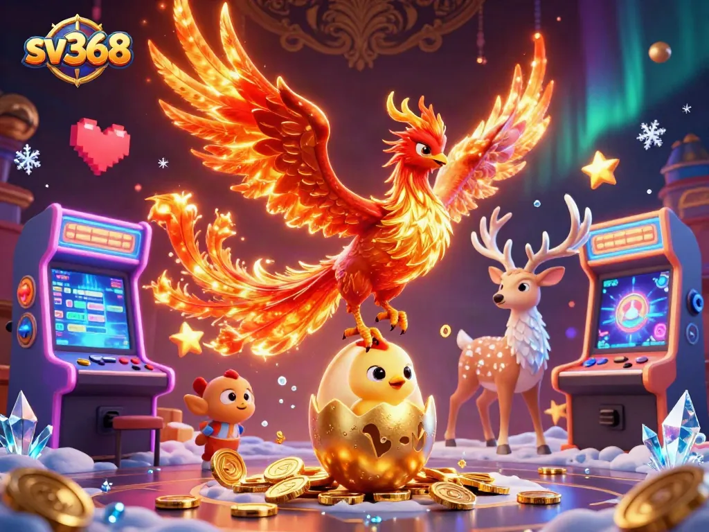Experience SV368's vibrant gaming world with a majestic phoenix amidst dynamic casino elements.