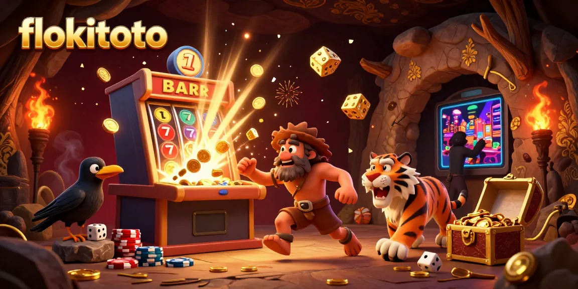 Join the prehistoric casino action with flokitoto featuring caveman, sabertooth tiger, and giant slot machine.
