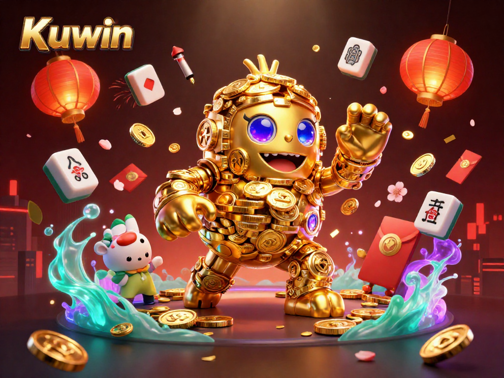 Kuwin golem spins golden coins amidst dazzling casino elements in a vibrant, festive scene.