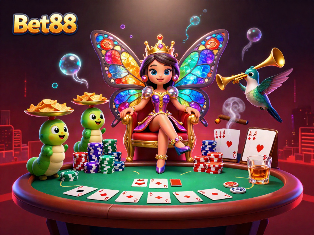 Experience Bet88's vibrant casino world with a butterfly queen and poker excitement.