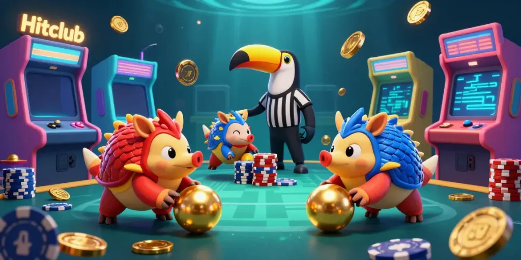 Hitclub pangolins compete in a colorful 3D casino scene filled with vibrant gaming elements.