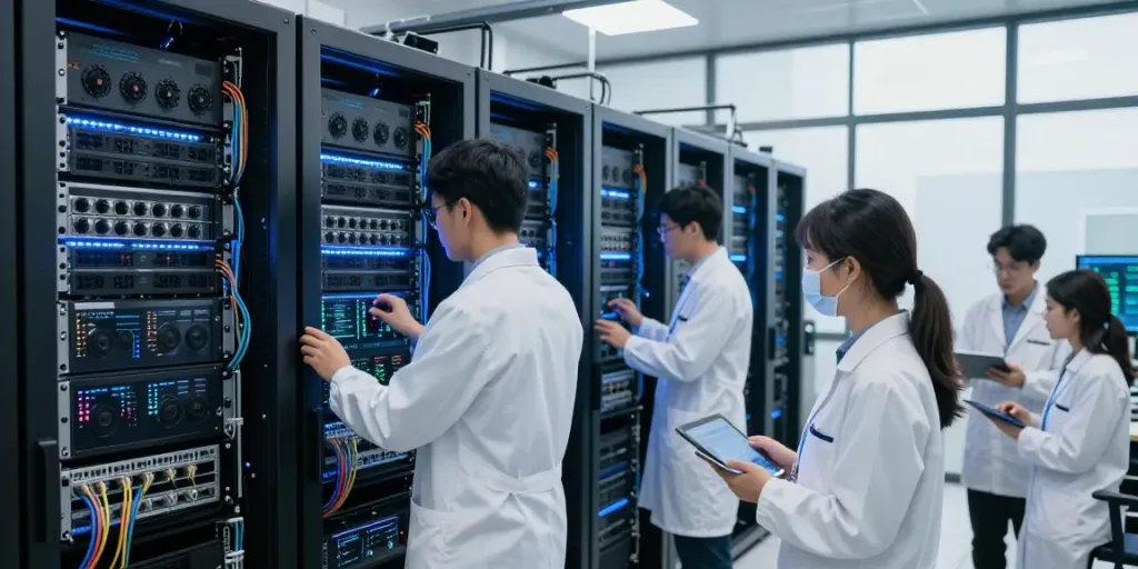AI data center with technicians managing high-performance GPU infrastructure and analyzing workloads.