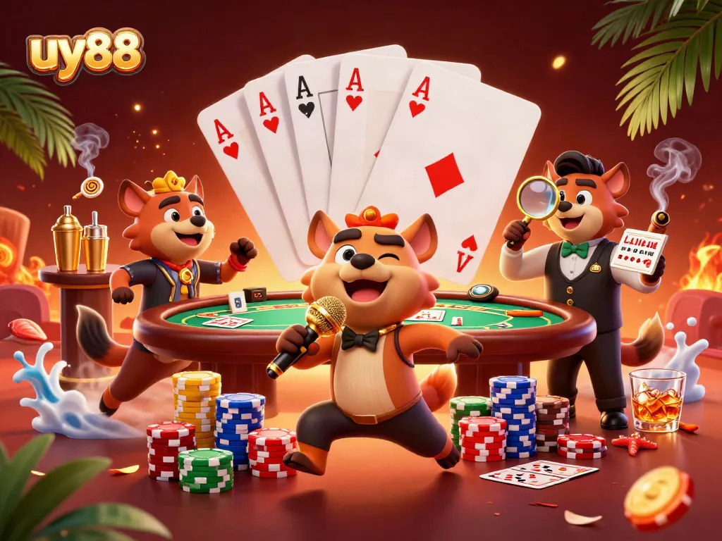 uy88 showcases hyenas in a vibrant comedy casino club, enhancing the gaming experience.