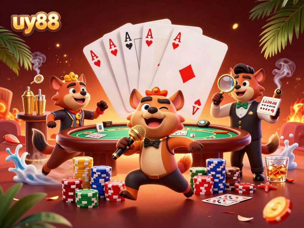 uy88 showcases hyenas in a vibrant comedy casino club, enhancing the gaming experience.