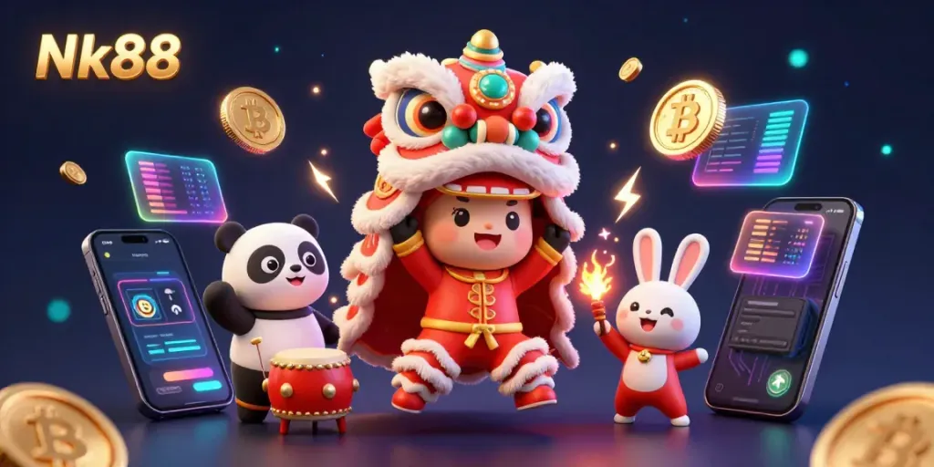 Nk88 engaging casino scene with lively characters enjoying cryptocurrency gaming.