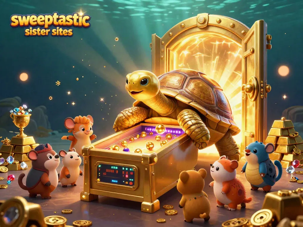 Sweeptastic sister sites showcase a golden tortoise pinball machine bursting with treasures, ready for players.