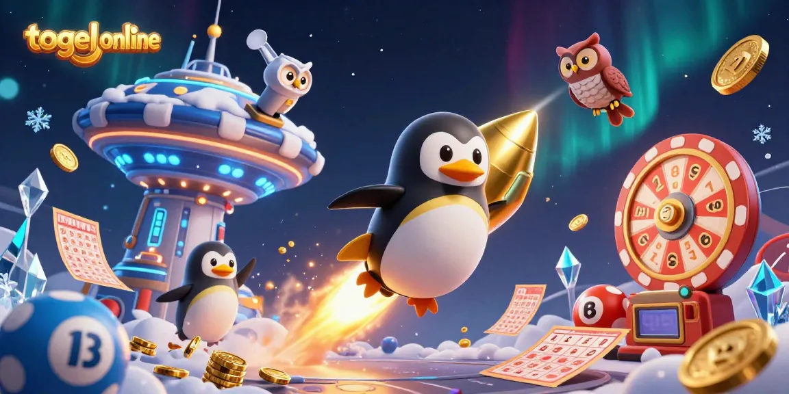 Mengambil kesempatan dengan togel online, penguin emas meluncur menuju mesin lotere raksasa dalam suasana luar angkasa yang berkilauan