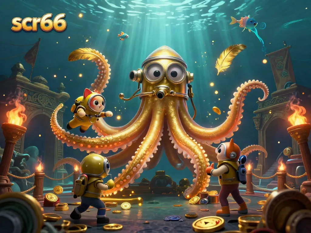 Experience thrilling gameplay at scr66 with a kraken and diving cat in a vibrant casino scene.