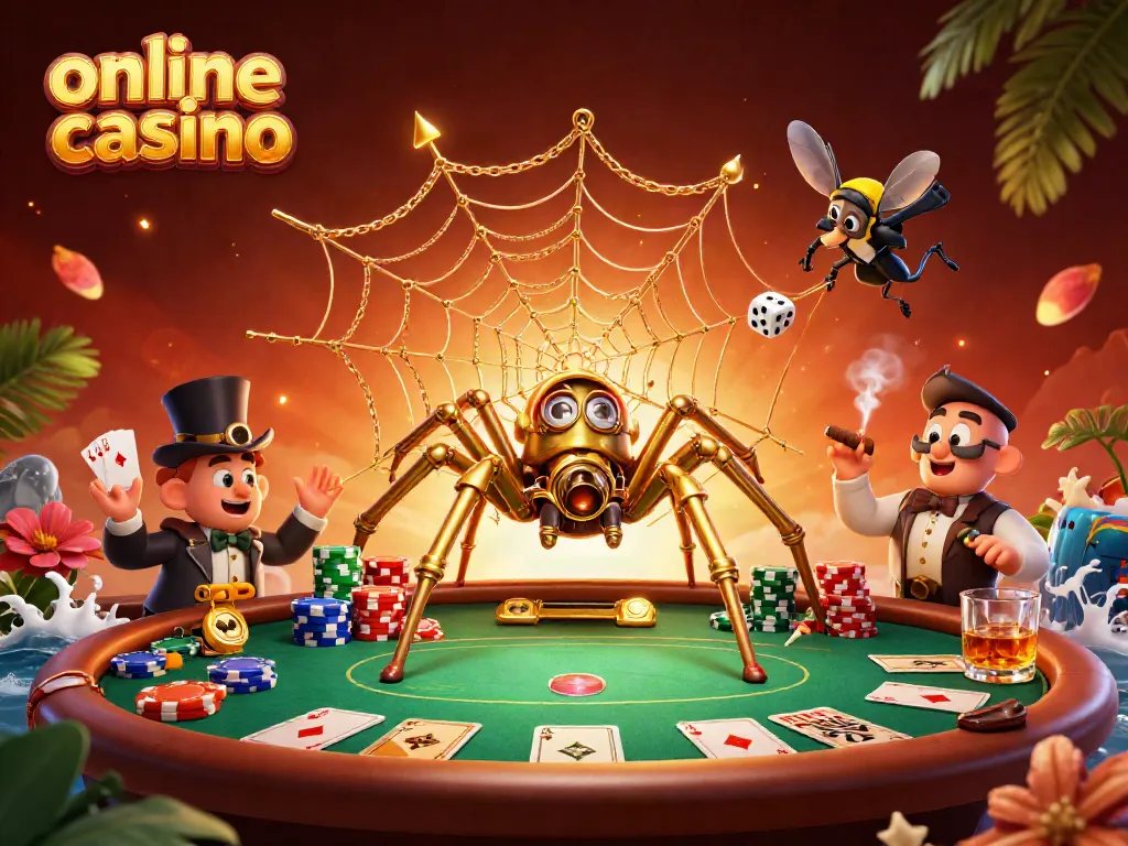 Engage with thrilling online casino action featuring a steampunk spider and poker settings.
