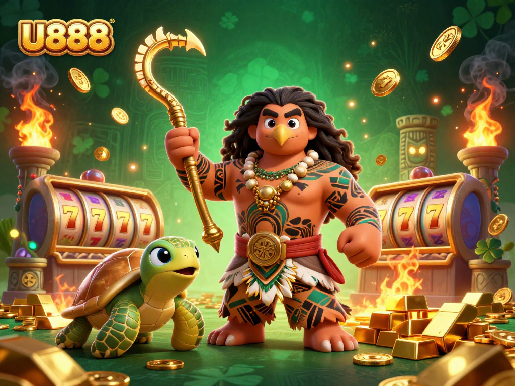 U888 showcases an exciting casino scene with a Polynesian demigod and treasures.