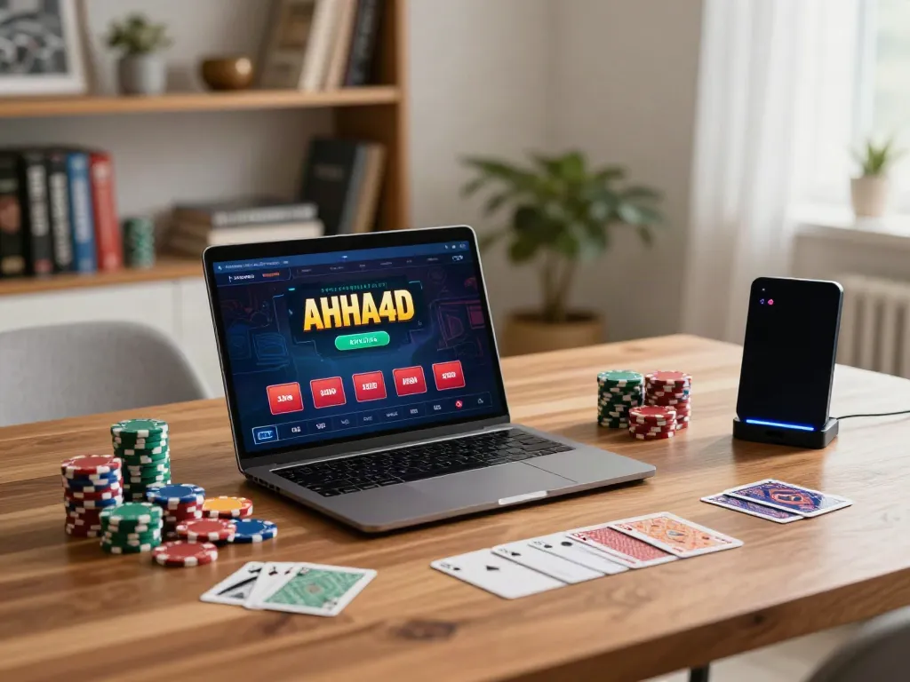 Online gaming setup featuring AHHA4D on a laptop with poker chips.