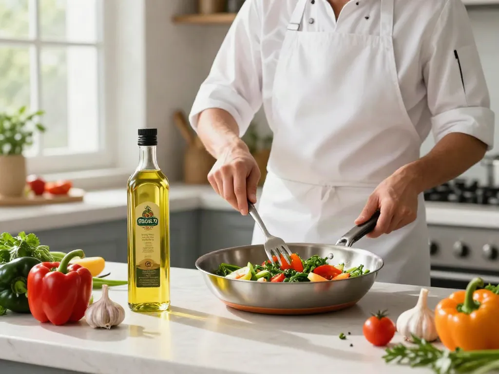 Minyak makan premium dari https://merdeka123.info/ digunakan oleh koki di dapur hijau yang cerah untuk masakan sehat.