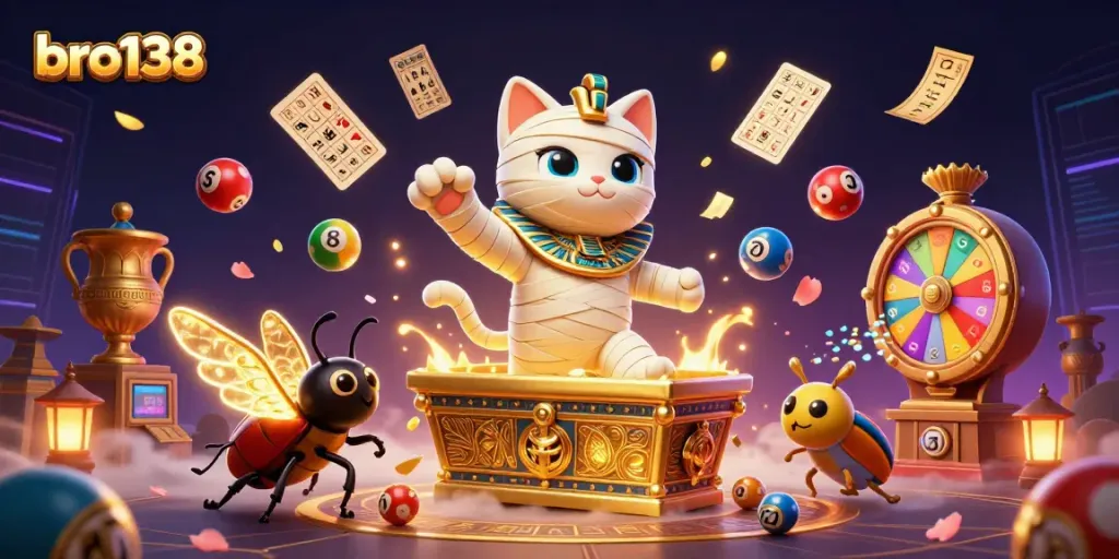 Experience thrilling fun at bro138 with an Egyptian mummy cat and vibrant lottery elements in a dazzling casino.