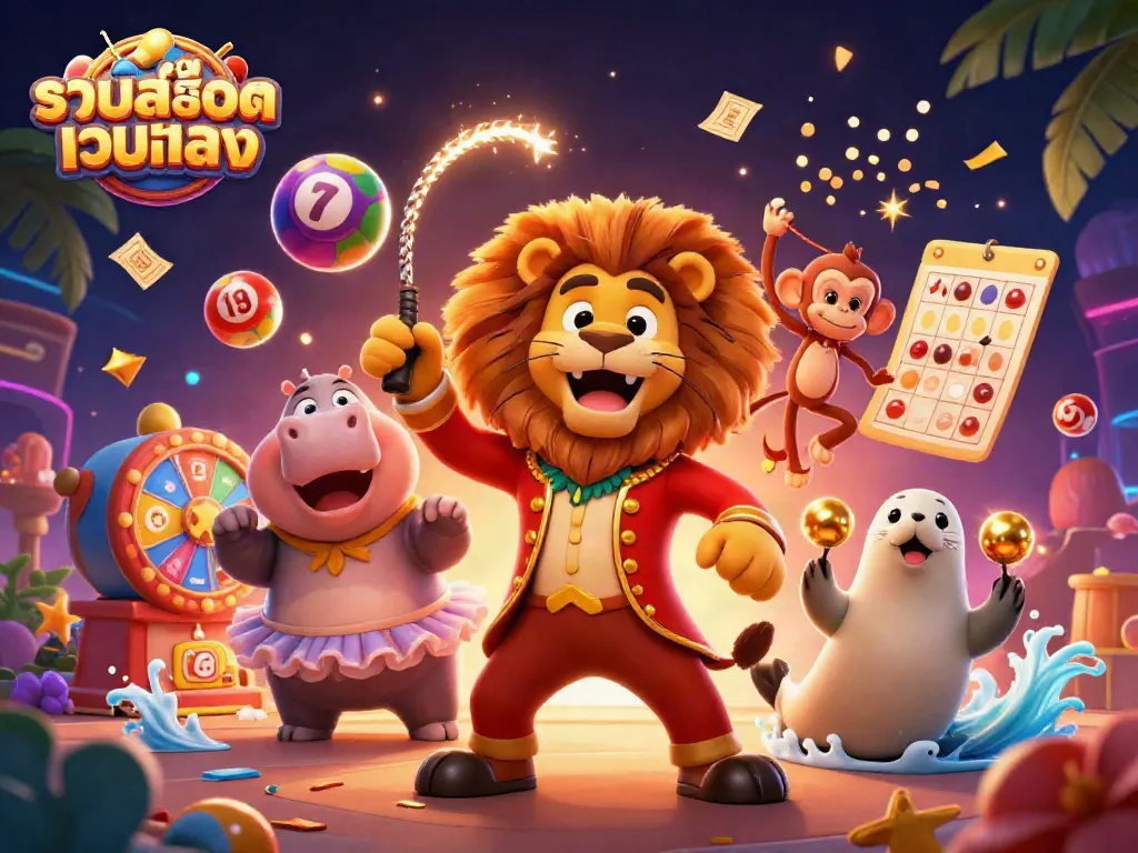 Experience thrilling gaming action with รวมสล็อตเว็บตรง in an engaging circus-themed illustration.