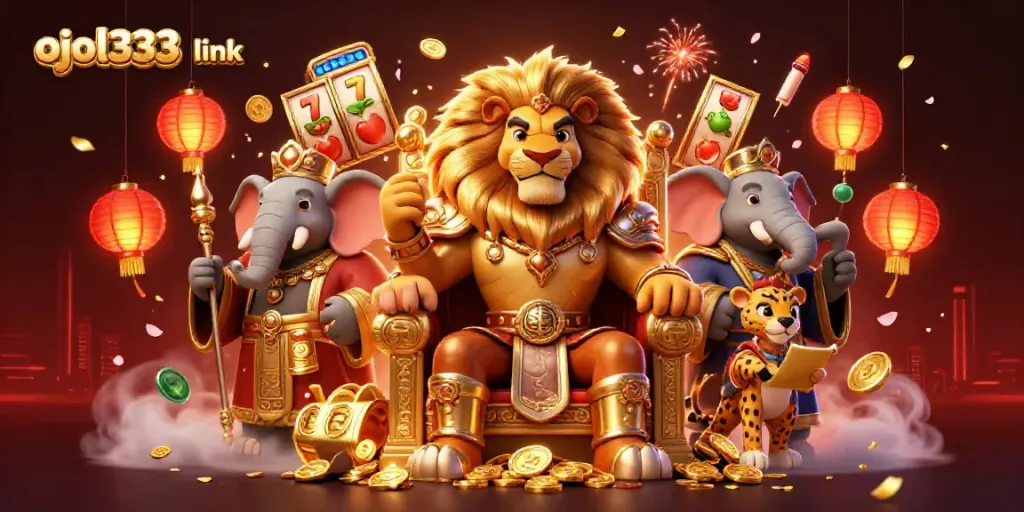 Experience thrilling gaming with ojol333 link, featuring a majestic lion king on a gold coin throne.