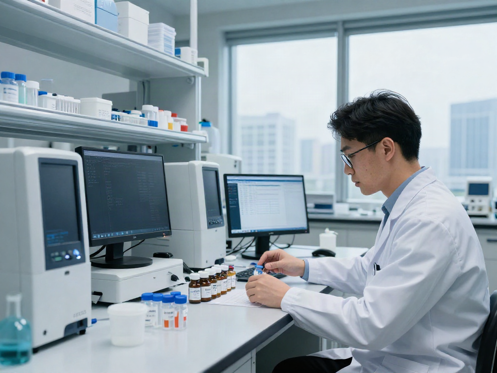 Researcher analyzing altera science peptides in a modern lab environment, showcasing advanced analytical equipment.