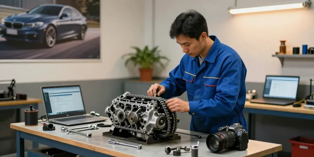 Professional mechanic examining a BMW engine for steuerkette wechseln hannover with tools and service manuals nearby.