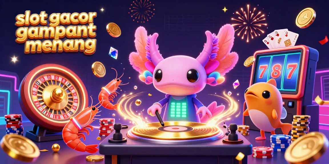 Permainan slot gacor gampang menang dengan DJ axolotl neon, kerumunan udang menari, dan efek kasino bersinar.