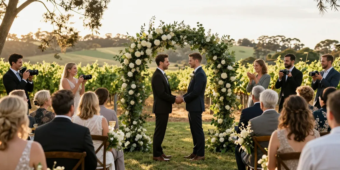 Wedding photographers Hunter Valley NSW capturing happy couple's vows during sunset in a vineyard.