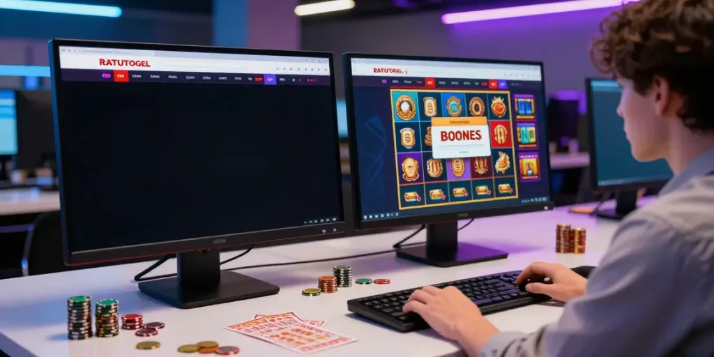 Ratutogel: Pengalaman taruhan online dengan layar menampilkan bonus dan tiket lotere.