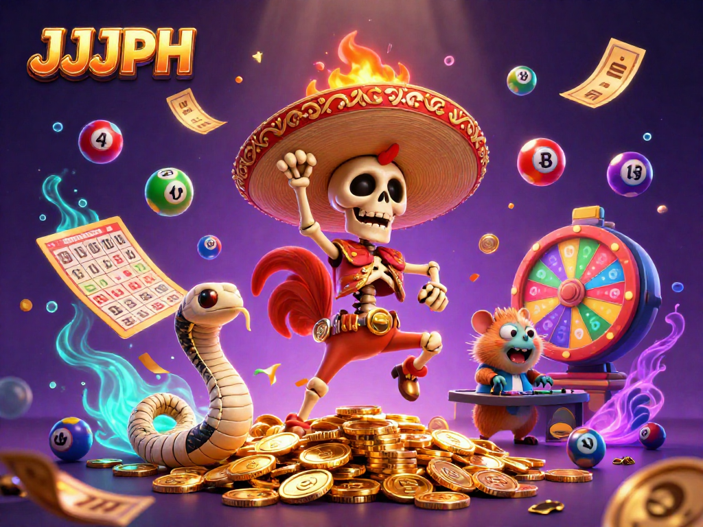 Engage with JJJPH's vibrant 3D casino illustration featuring lively characters and dynamic game elements.