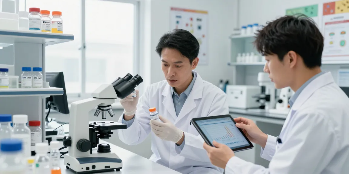 BPC 157 TB 500 Blend research in a modern health lab with scientists analyzing data and compounds.