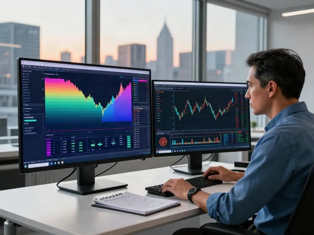 Trader using MetaTrader 5 in a modern financial workspace.