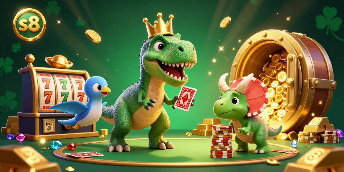 S8 casino illustration showcasing a T-Rex card dealer and a pterodactyl assistant amidst sparkling gold coins and slot reels.